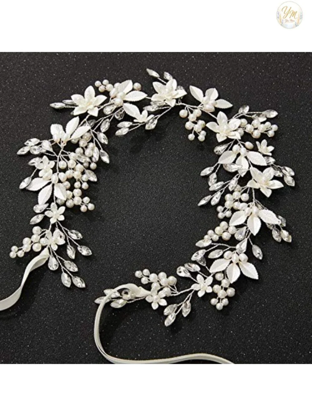 Handmade Rhinestone Pearl Bridal Headband with Flower Leaf Design